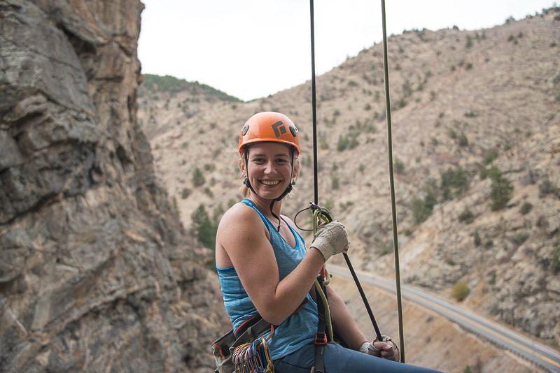 Kristina abseiling down "Roadrunner" 5.11 ***&nbsp;